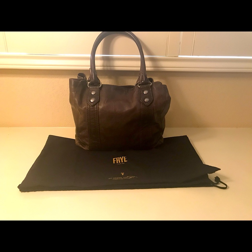 Frye Chocolate Brown satchel with protective storage bag.